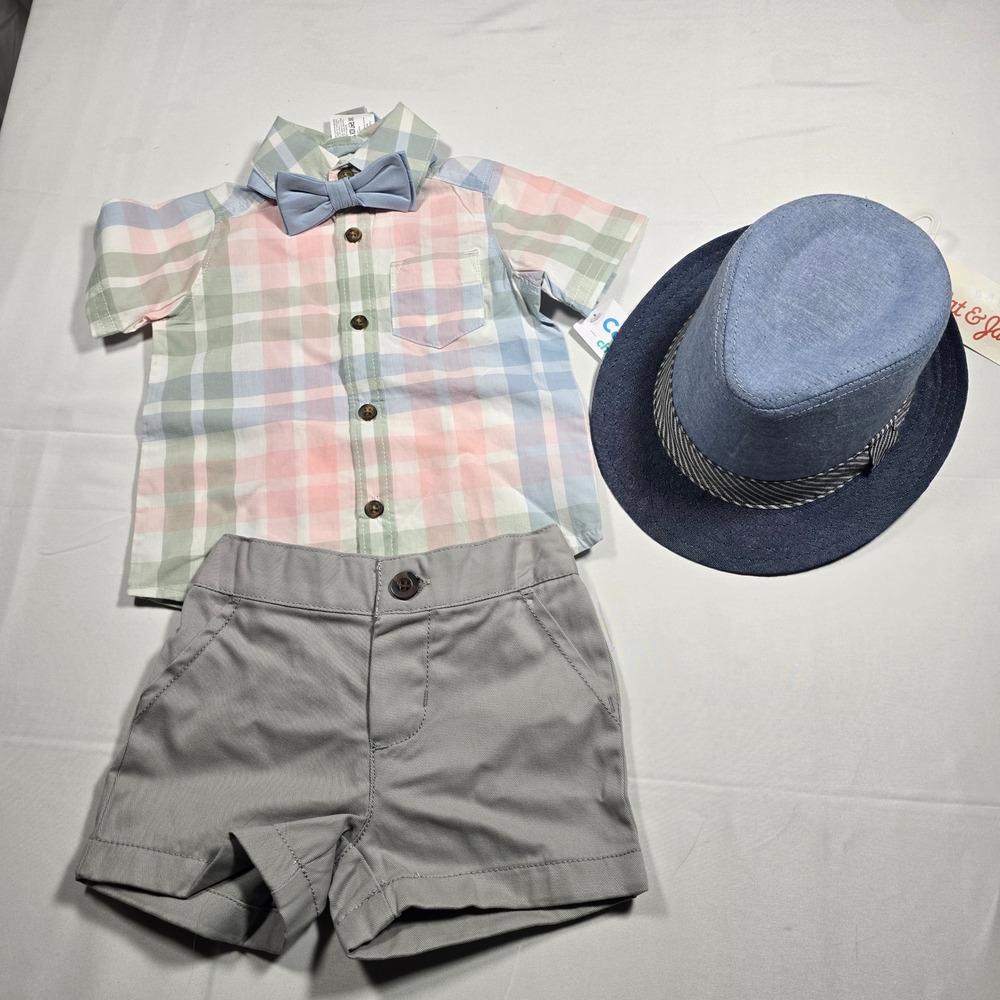 NWT Carter's Cat & Jack Boys 4-Piece Outfit Set 0-3M Plaid Bow Tie Hat